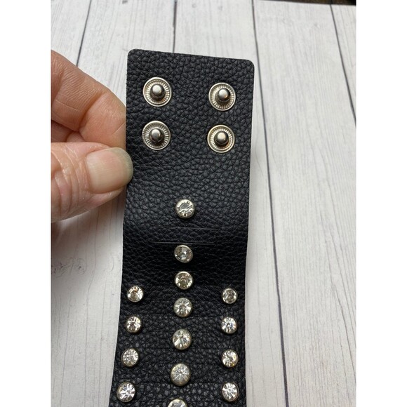 Black Wide Faux Leather Cuff Bracelet with Clear Crystal Studs Adjustable - Picture 2 of 5